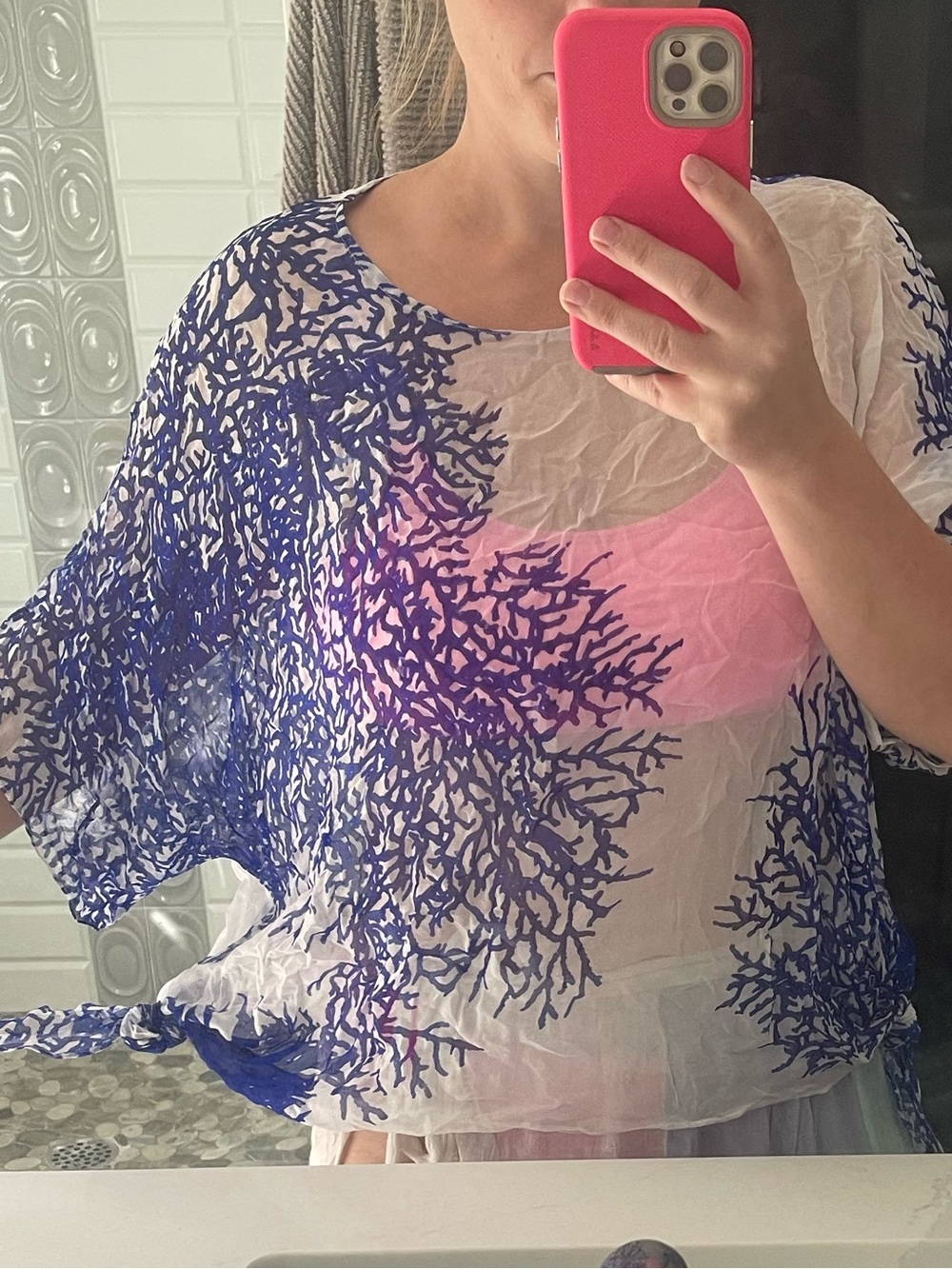 Sheer Coral Print Women’s Top in Blue and Pink